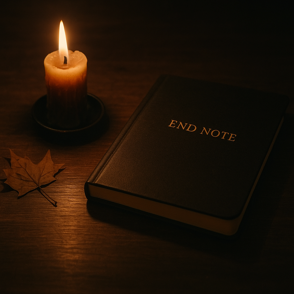 Candlelit scene on dark wooden desk with a closed black planner labeled “END NOTE” beside a burning beeswax candle and dried autumn leaf.