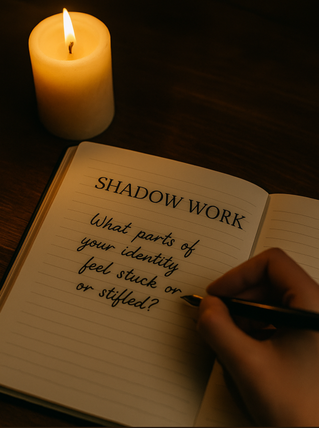 Candlelit shadow work journal open to a prompt, with a hand writing beside a glowing candle on a dark wooden desk.