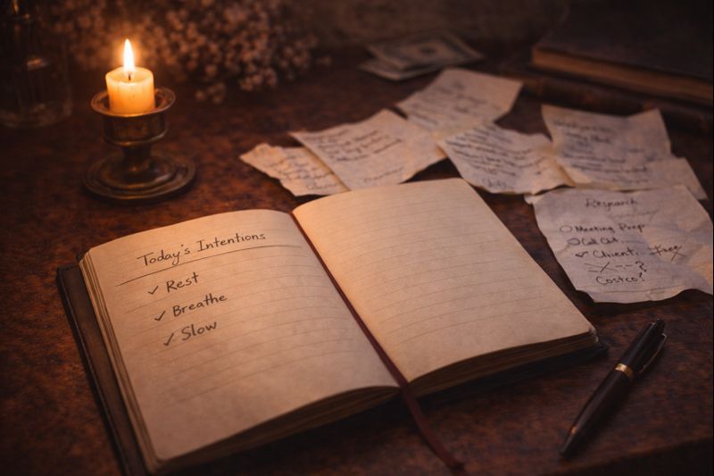 Witchy desk setup showing burnout caused by weak boundaries and constant overgiving