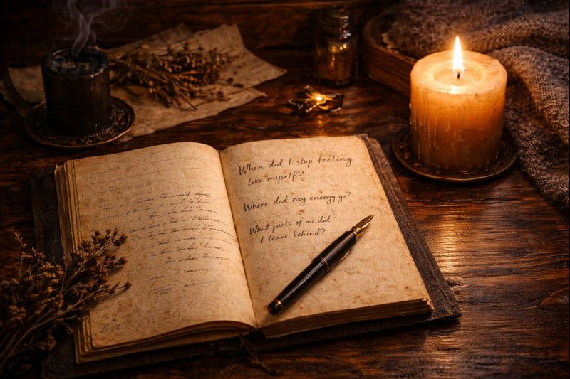 Open journal with burnout reflection prompts beside a candle representing lost parts of self during winter
