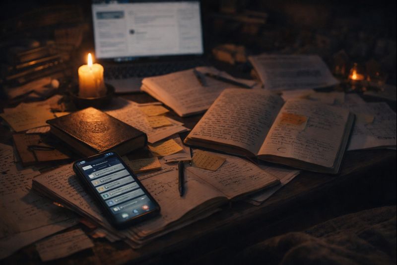 Cluttered desk with phone notifications and scattered notebooks representing dopamine overload and modern burnout