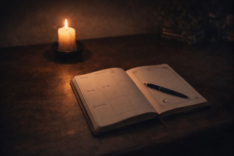 Minimal candlelit desk with a witchy planner creating a calm dopamine reset environment for focused productivity