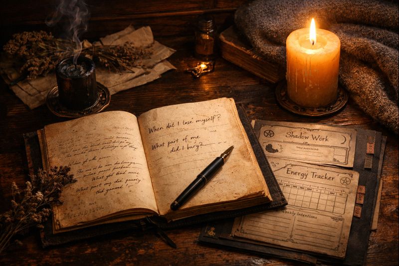 Candlelit dark academia desk with journal and witchy planner representing emotional resurrection and winter reflection