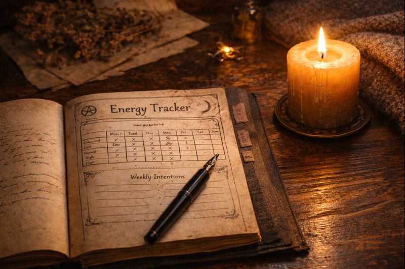 Witchy planner page tracking energy levels with candlelight during a winter reflection ritual