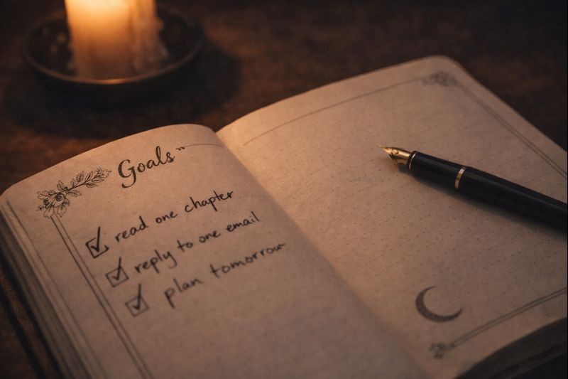 Simple handwritten micro goals in a witchy planner showing gentle task completion without burnout
