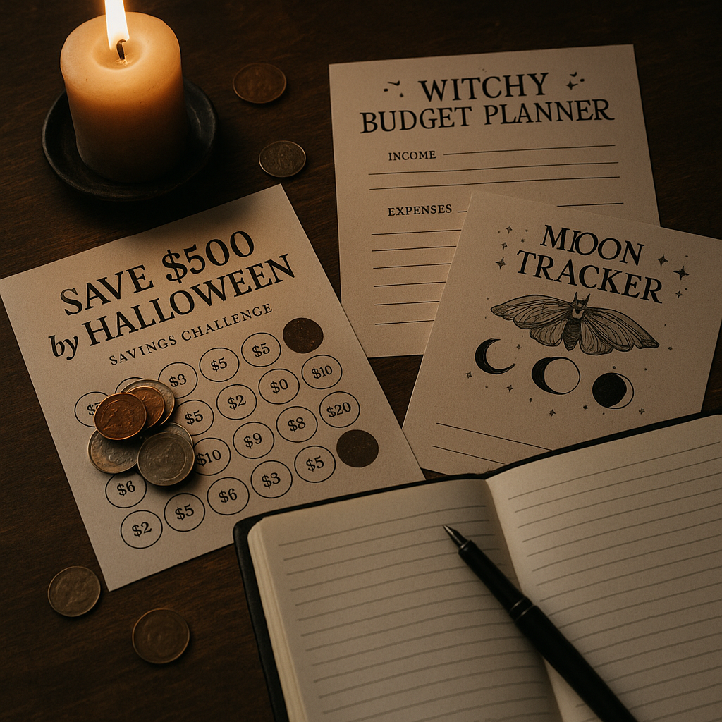 Witchy budgeting flat lay with savings challenge pages, moon tracker, coins, candle, and planner for cozy winter money magic
