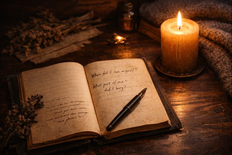 Witchy winter journaling ritual with candle and notebook creating a safe container for emotional reflection