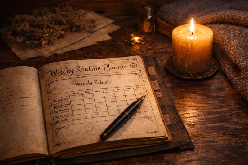 Slow witchy winter routine planning with candlelight emphasizing consistency without motivation