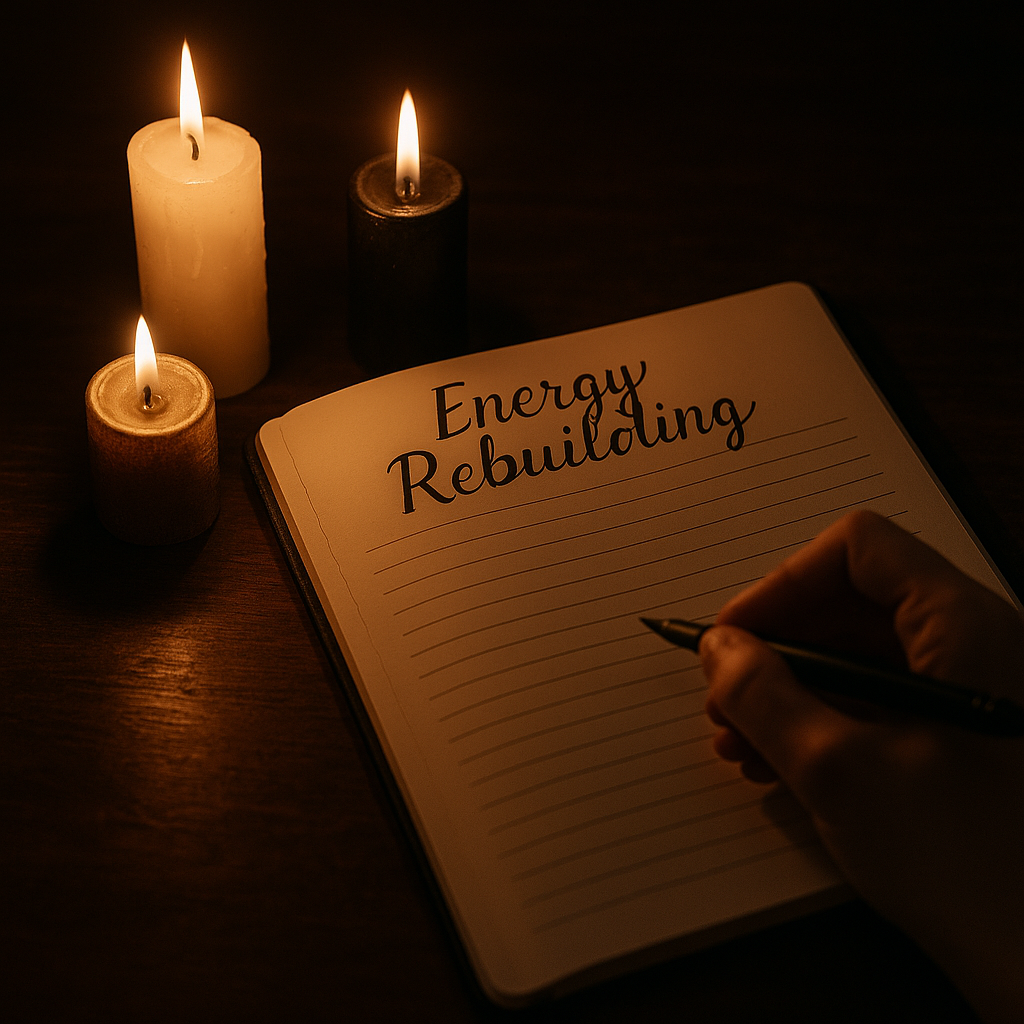 Candlelit desk with three ritual candles—white, black, and gold—burning beside an open journal during a witch’s energy-reset ritual.