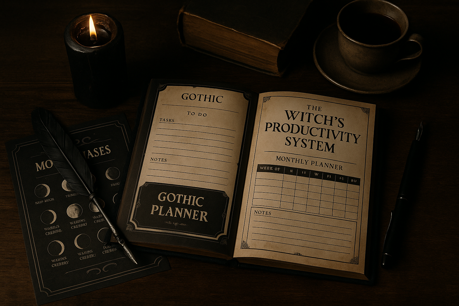 Witch’s productivity system with gothic planner and candlelit desk
