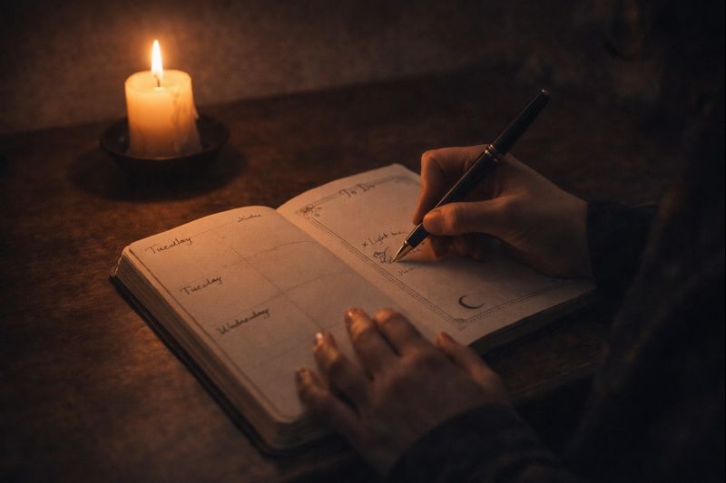 Hands writing in a witchy planner by candlelight as part of a ritual-based productivity and dopamine reset practice