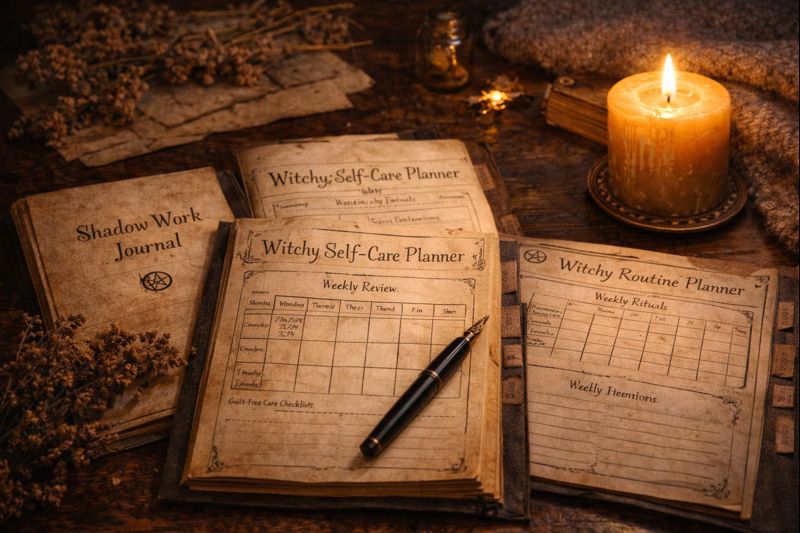 Cozy witchy planner collection in candlelight representing emotional healing and winter resurrection