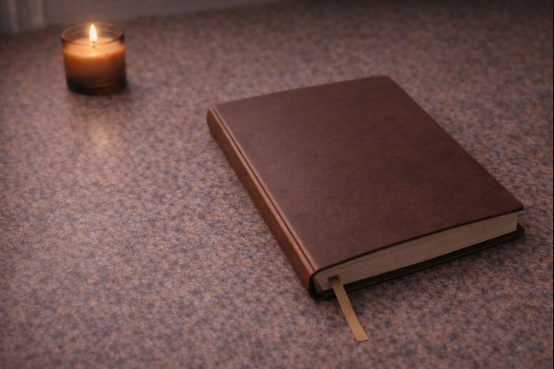Closed notebook and candle representing mental quiet and real cognitive rest