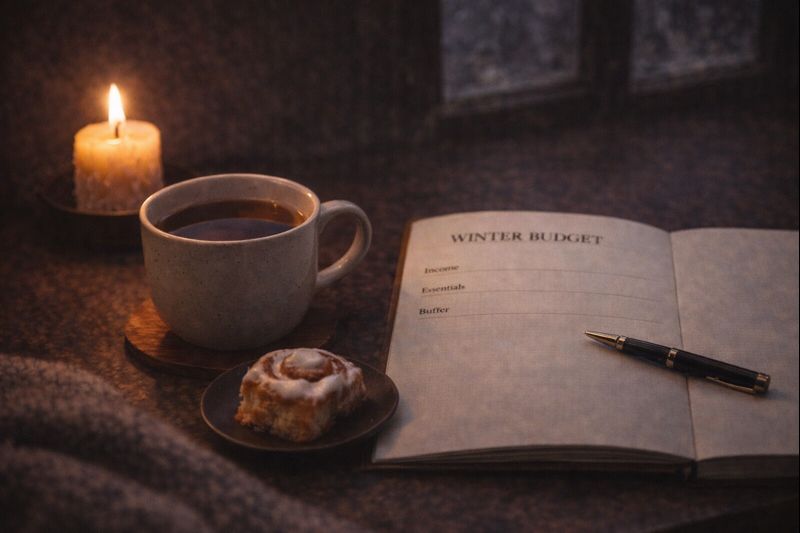 Winter comfort spending scene with budget planner showing gentle awareness instead of money guilt