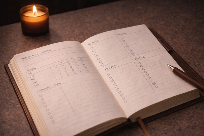 Open planner with simple repeated structure showing containment as a solution to false urgency