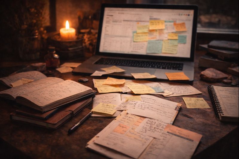 Cluttered desk with notebooks and notes representing decision fatigue and cognitive overload