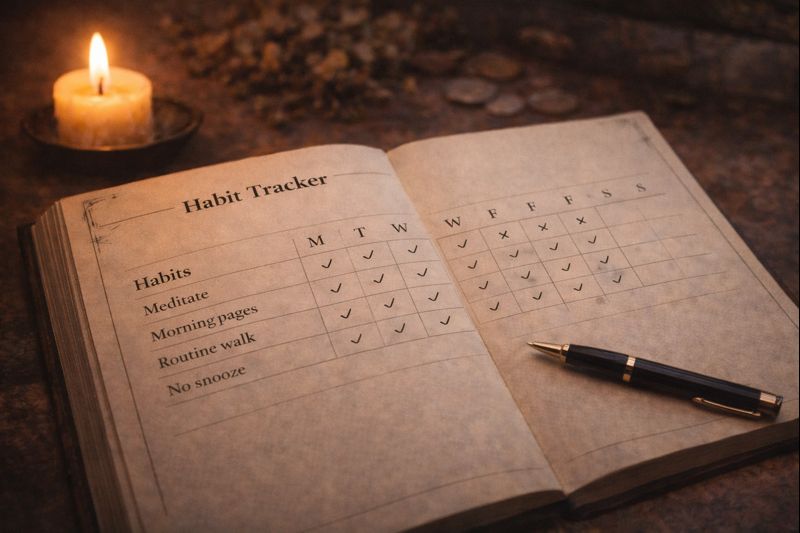 Witchy habit tracker with repeated routines showing default decisions that reduce mental load
