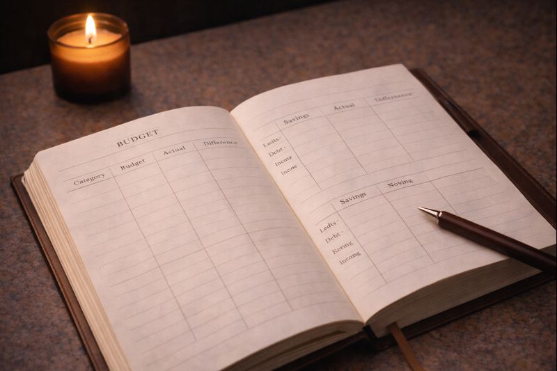 Calm budget planner and candle showing money planning without panic or urgency