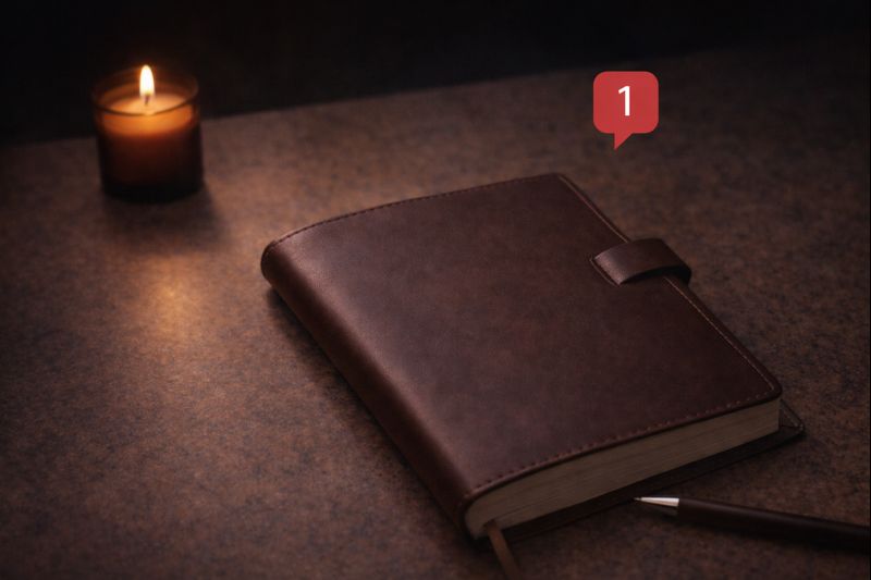 Calm candlelit desk with closed planner representing false urgency and constant pressure without a real emergency