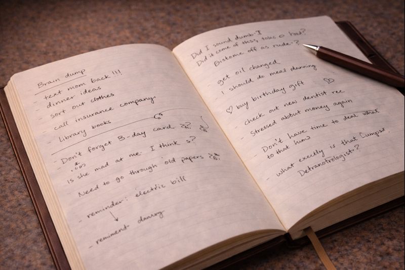 Notebook filled with scattered thoughts representing invisible mental clutter and cognitive load