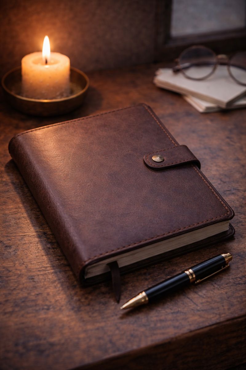 Closed planner and candle representing emotional exhaustion caused by productivity advice