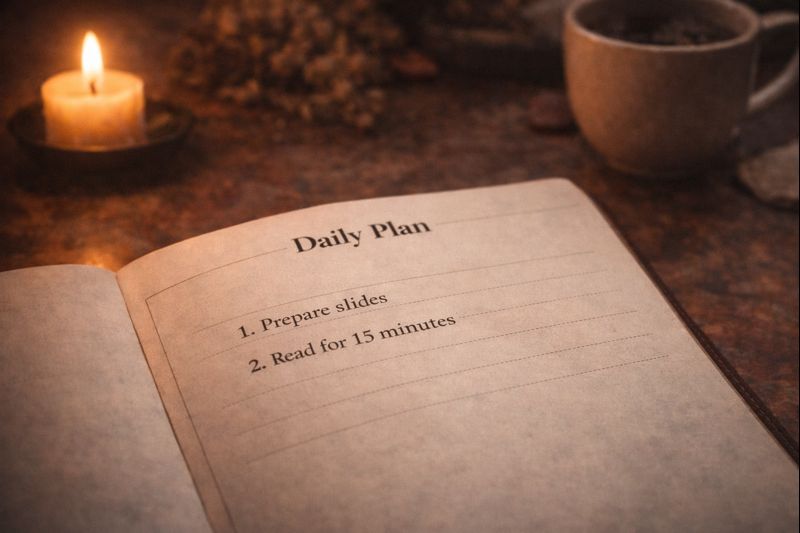 Minimal daily planner page with few tasks showing reduced decision load and gentle productivity
