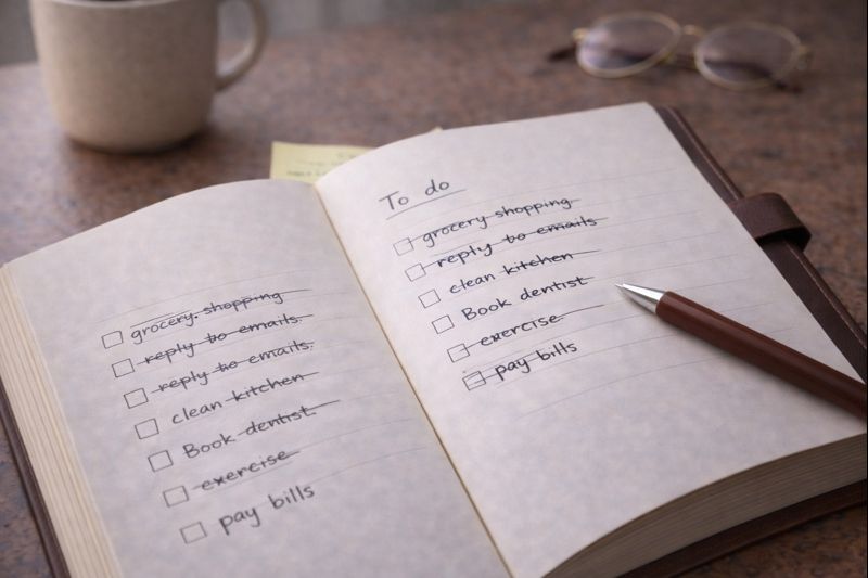 Repeated to-do list tasks showing anxiety loop and unfinished work
