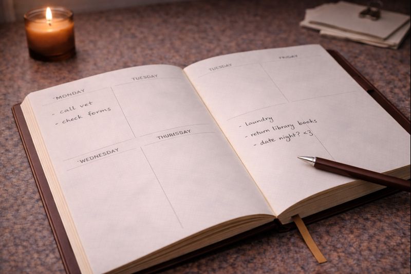 Undated planner showing gentle return without guilt or pressure