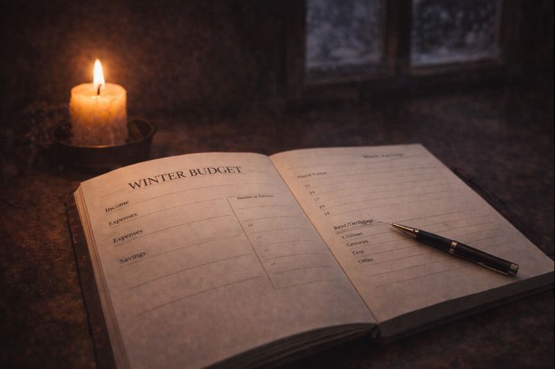Winter budget planner with candle showing gentle money planning during the colder months
