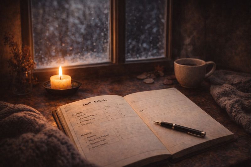 Cozy winter desk with planner and candle representing seasonal decision fatigue and gentle productivity