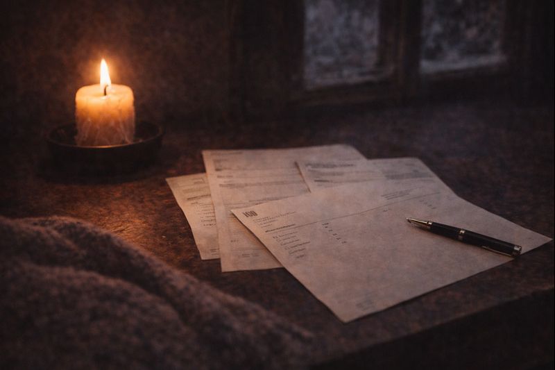 Winter desk with bills and candle representing emotional stress around money during colder months