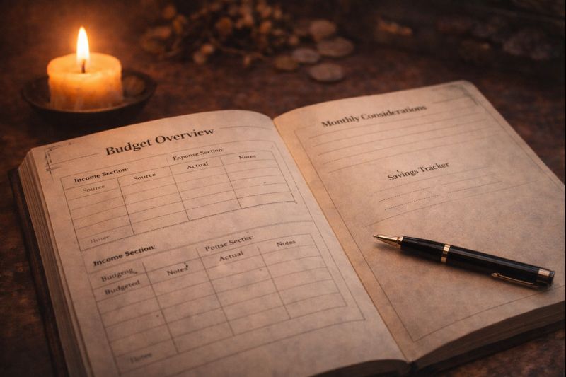 Witchy budget planner and candle representing reduced financial decision fatigue through ritual budgeting