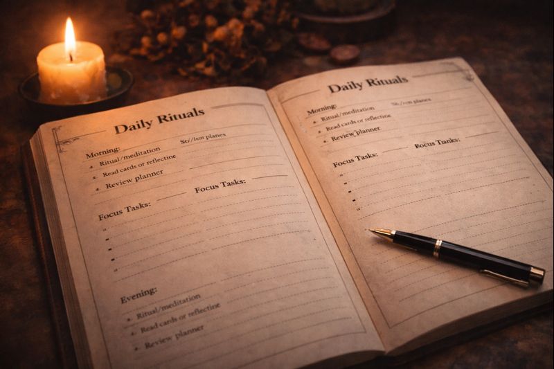 Open witchy planner with repeated ritual layout reducing decision fatigue through consistent planning
