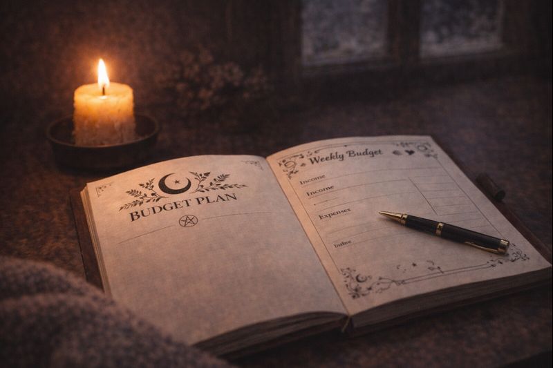 Witchy winter budget planner and candle representing ritual-based money planning