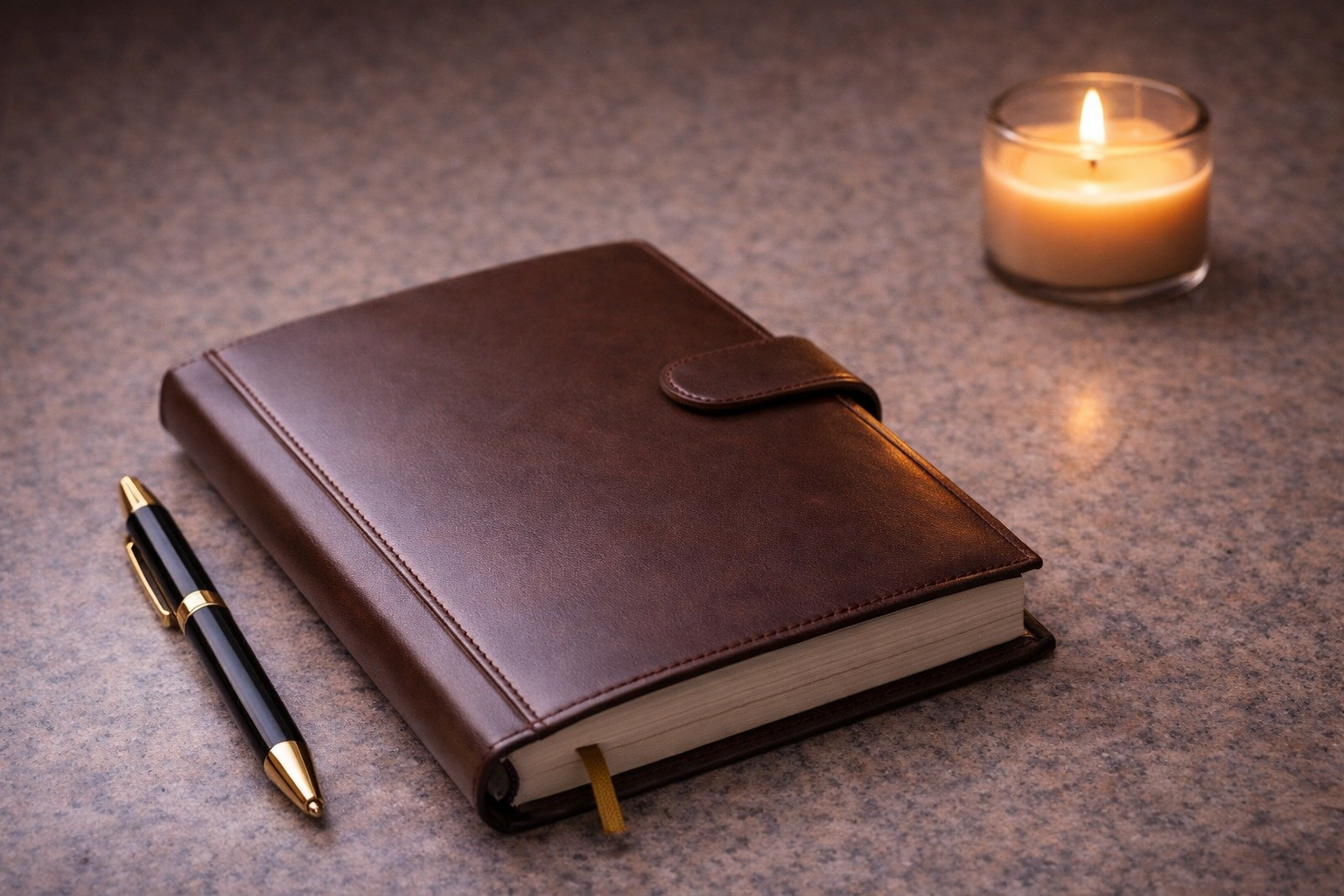 Closed planner and pen on a candlelit desk representing mental overload and lack of mental white space