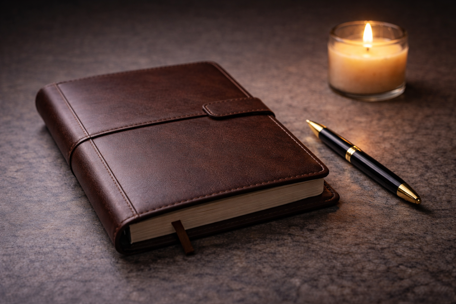 Closed leather planner and candlelight representing productivity grief and identity transition