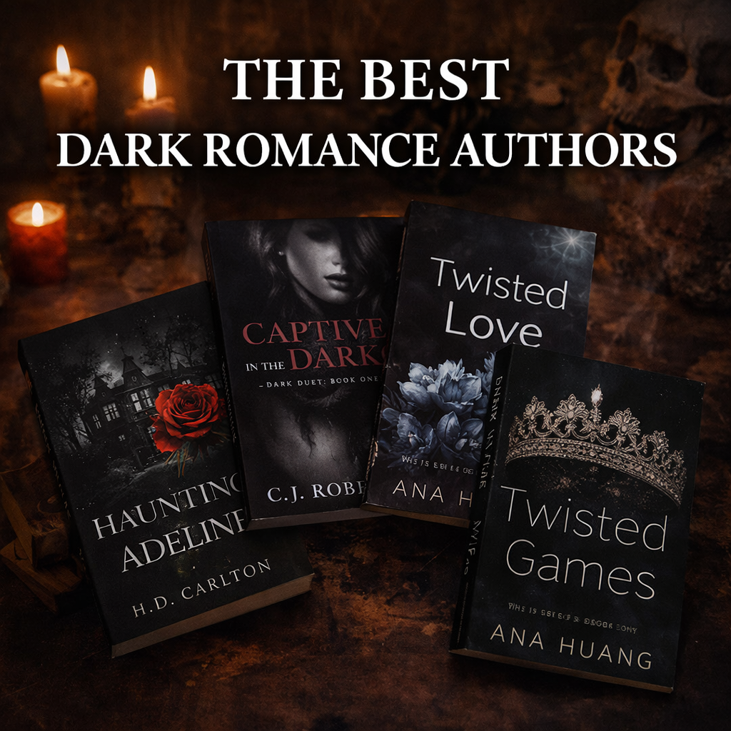Dark romance authors reading list aesthetic with gothic styled books and cozy candlelight