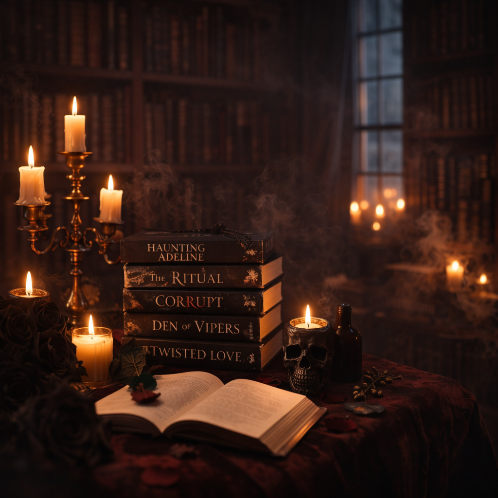 Dark romance book library aesthetic with candlelight gothic atmosphere for fans of morally grey heroes