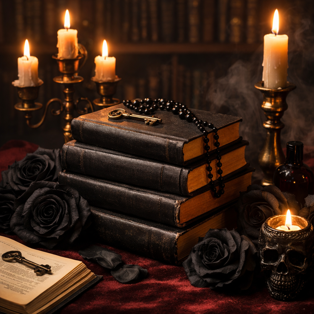 Dark romance books with morally grey heroes displayed in gothic candlelight aesthetic with dark romance novels and black roses