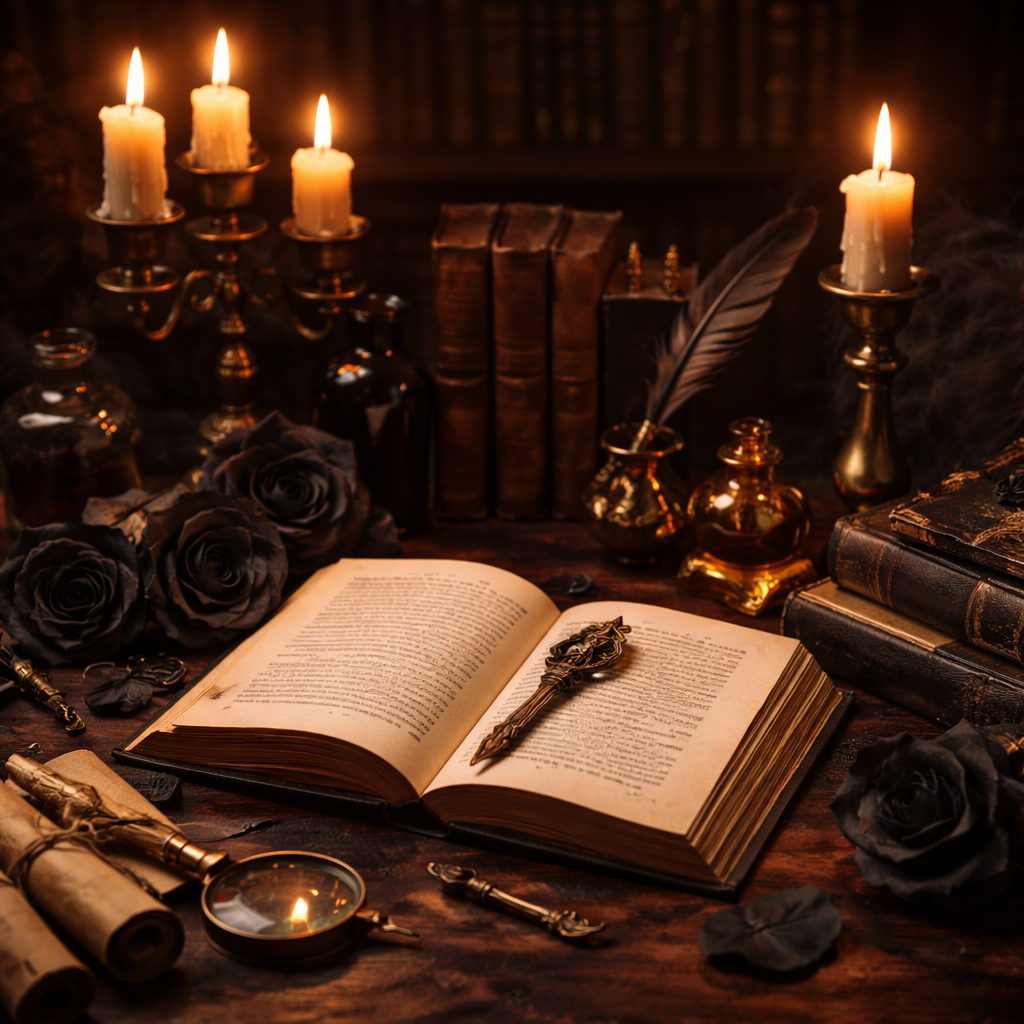 Dark romance reading aesthetic with open book candles and dark academia atmosphere perfect for romance book lovers