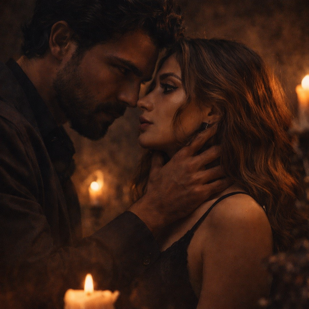 Obsessive dark romance tension scene with intense possessive male lead