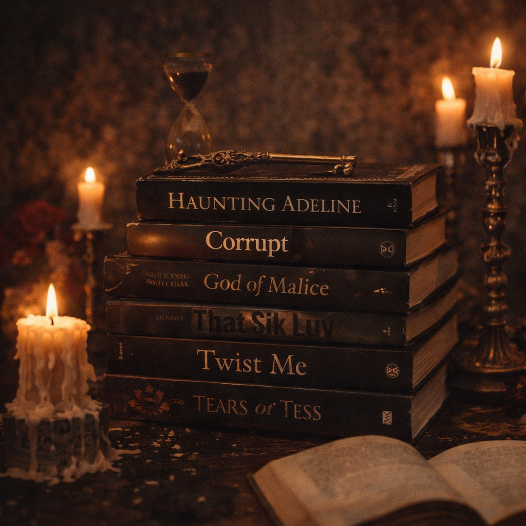 Dark romance book list aesthetic with candlelight and gothic reading atmosphere