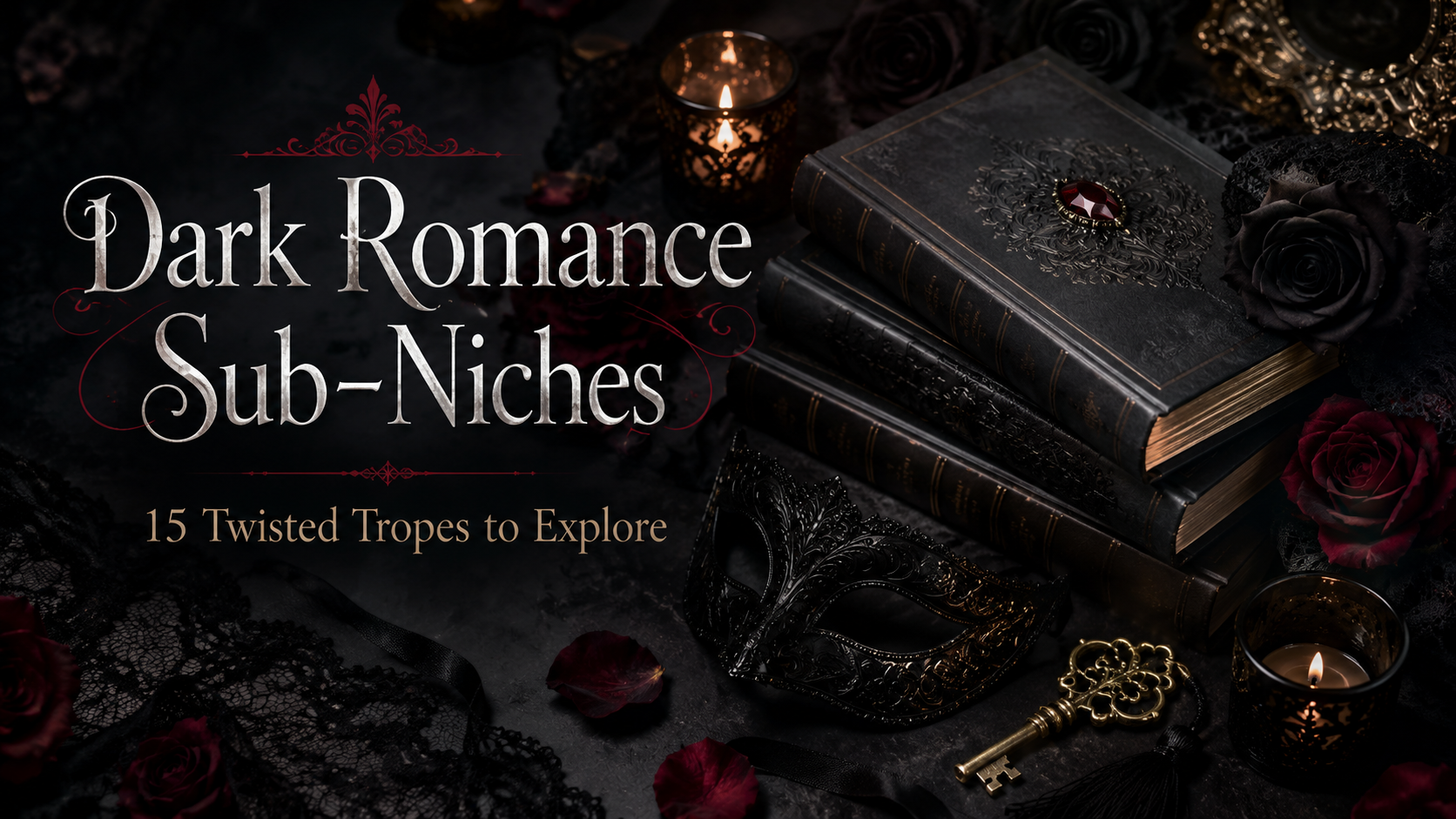Dark romance sub-niches book recommendations with gothic books, candles, and moody shadows
