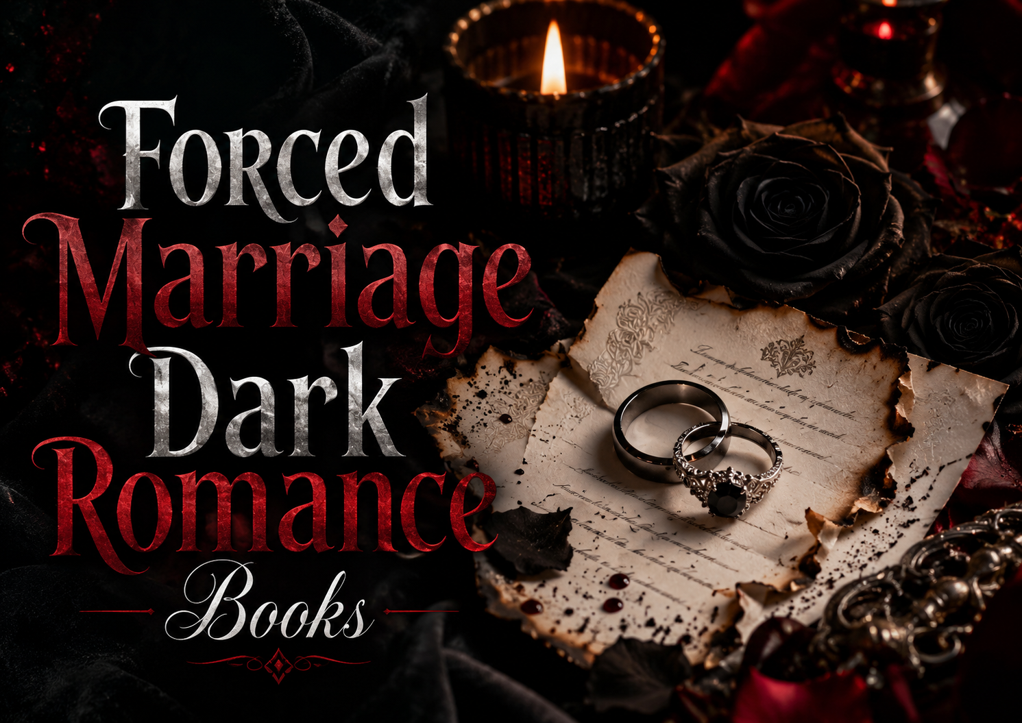 Forced marriage dark romance books with moody wedding rings, black roses, and dangerous arranged marriage vibes