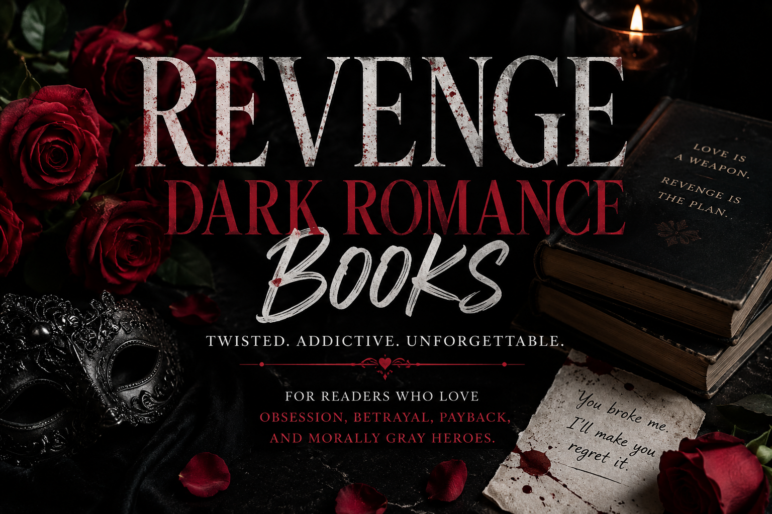 Revenge dark romance books with roses, shadows, and a dramatic gothic book aesthetic