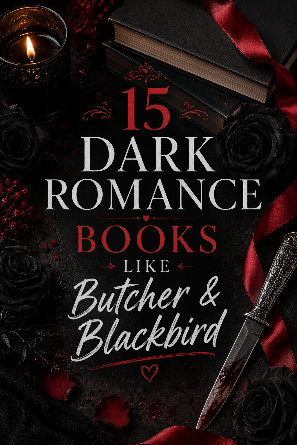 Dark romance books like Butcher and Blackbird with black roses, knives, blood-red accents, and moody gothic atmosphere.
