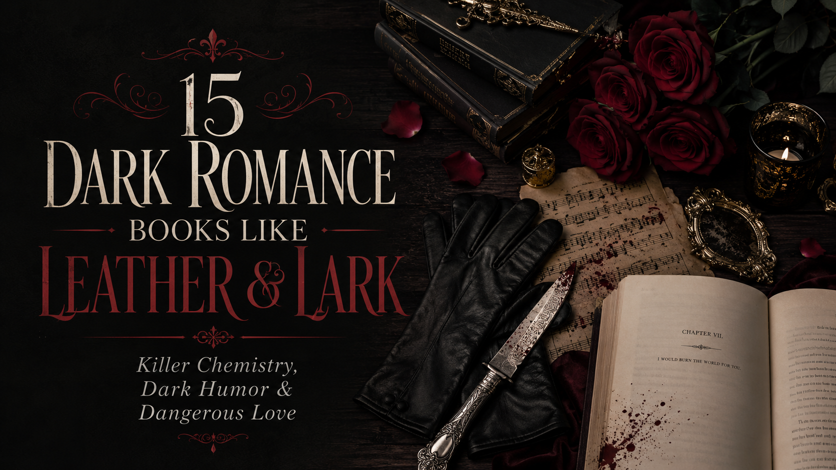 Dark gothic book display for 15 dark romance books like Leather and Lark