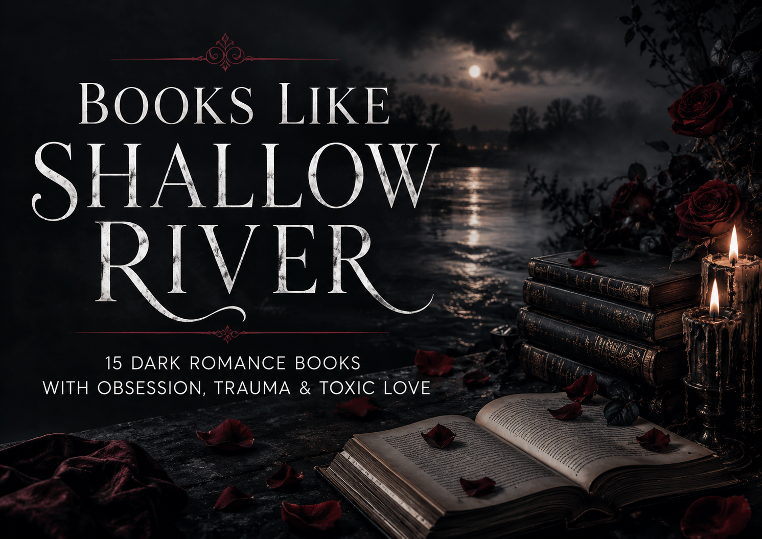 Dark romance aesthetic image for books like Shallow River with moody river setting, red roses, and gothic atmosphere