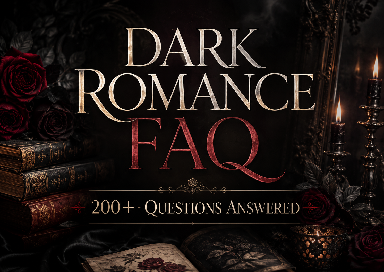 Dark romance FAQ graphic with black roses, gothic books, candles, and moody shadows