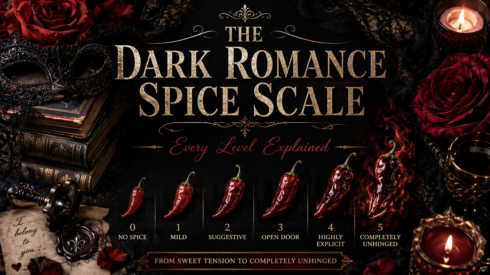 Dark romance spice scale showing five romance heat levels from mild to extremely explicit